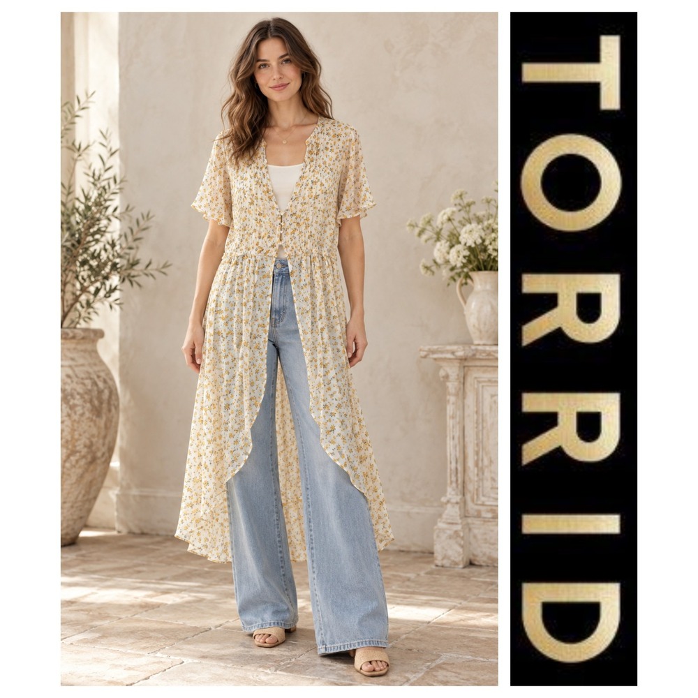 Torrid Floral Sheer Button High Low Coverup Long Duster Top Cottagecore 1X